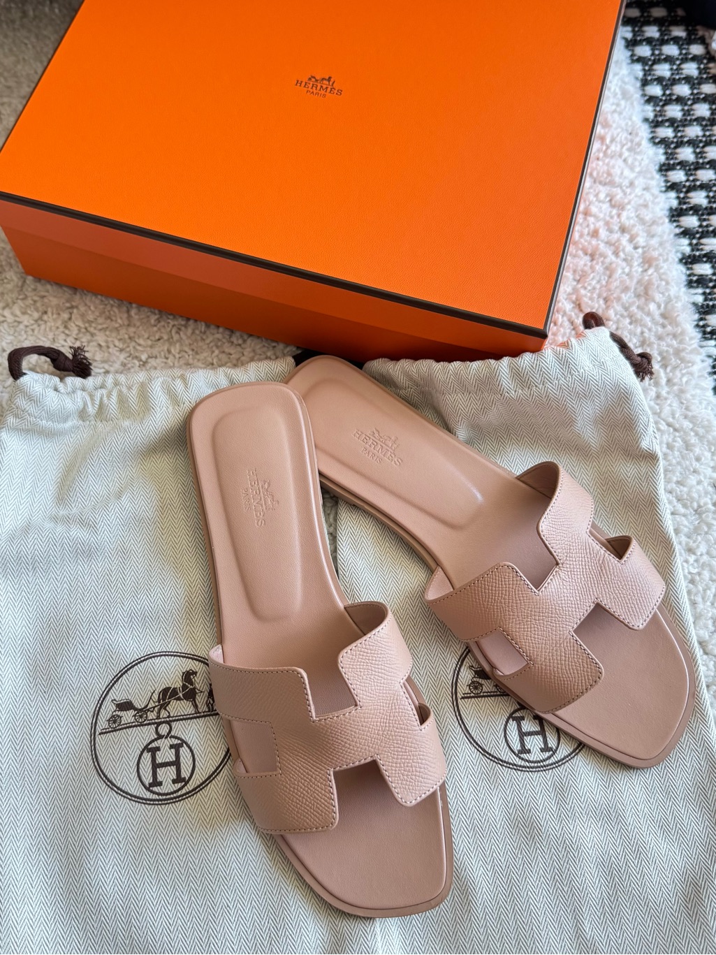 Hermes Oran Sandal Leather Slide Beige Perlino Size 39.5 Us Size 9
